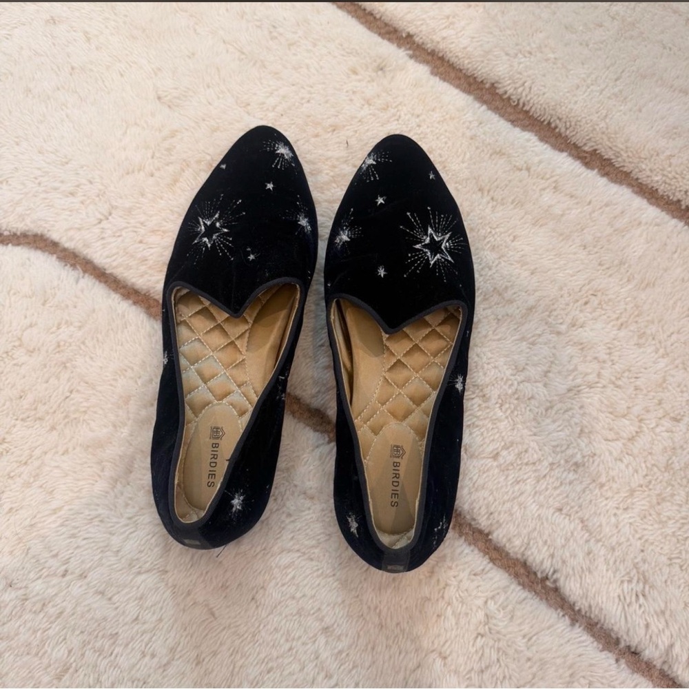 Birdies Blue Velvet Star-Embroidered Flat Slip-Ons